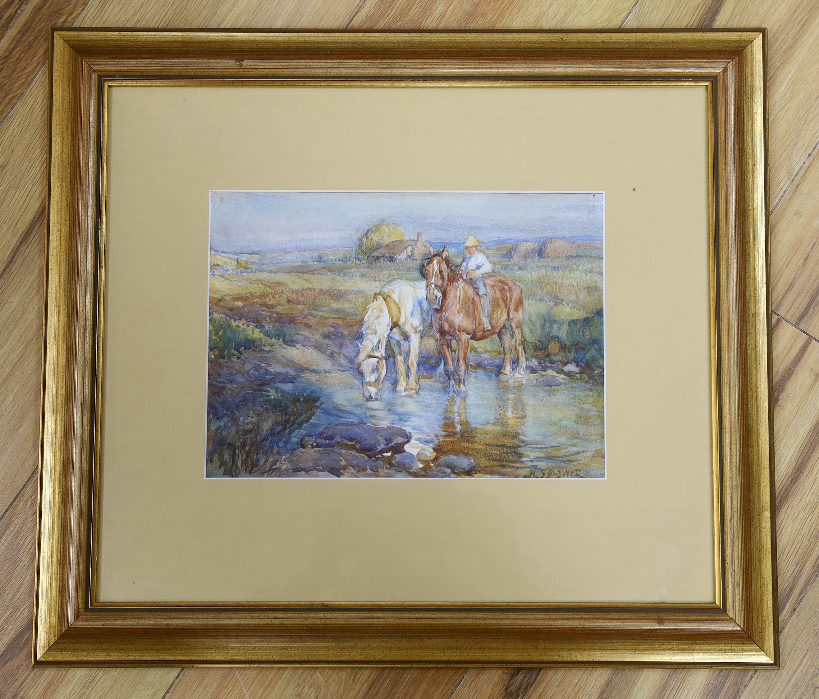 Harold Septimus Power (New Zealand, official war artist WWI 1877-1951), watercolour, Two work horses at a stream, signed, 27cm x 19cm